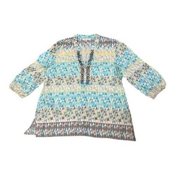 JM Collection Tunic 12 Geometric Print Blue Yellow Beaded Cotton Slit Pullover - Picture 2 of 12